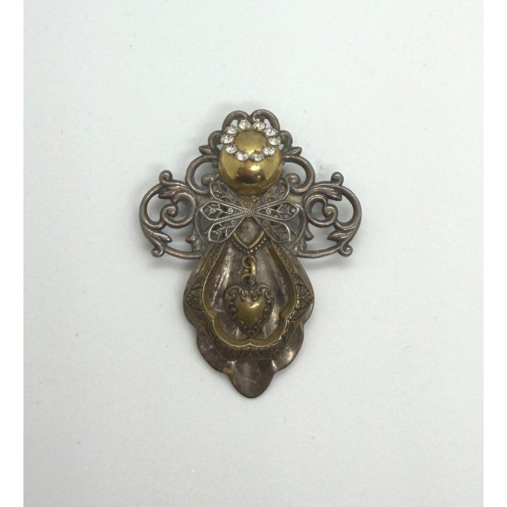 Kat's Creations Angel Brooch Pendant Mixed Metal Rhinestone Heart Filigree 2.25"